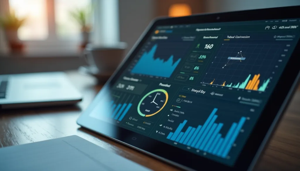 Close-up view of a tablet showing a time tracking dashboard with charts