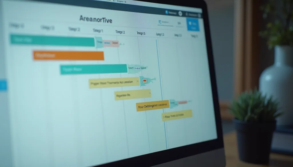 Close-up view of a computer screen showing a project timeline and resource allocation chart