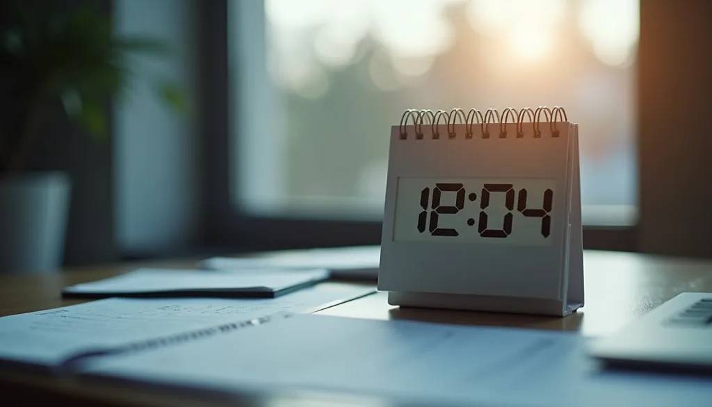 Close-up view of a digital clock and a calendar on a desk
